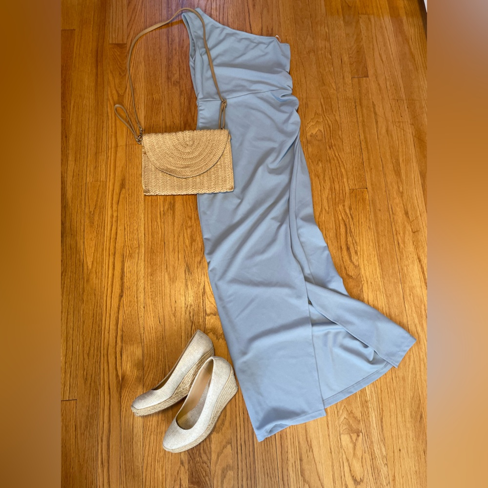 PRETTYGARDEN One Shoulder Ruched Bodycon Slit Maxi Dress, Grey Blue, Size Small
